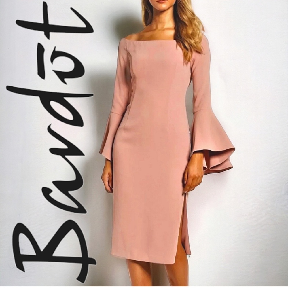 Bardot solange off the shoulder midi dress sheath flare sleeves